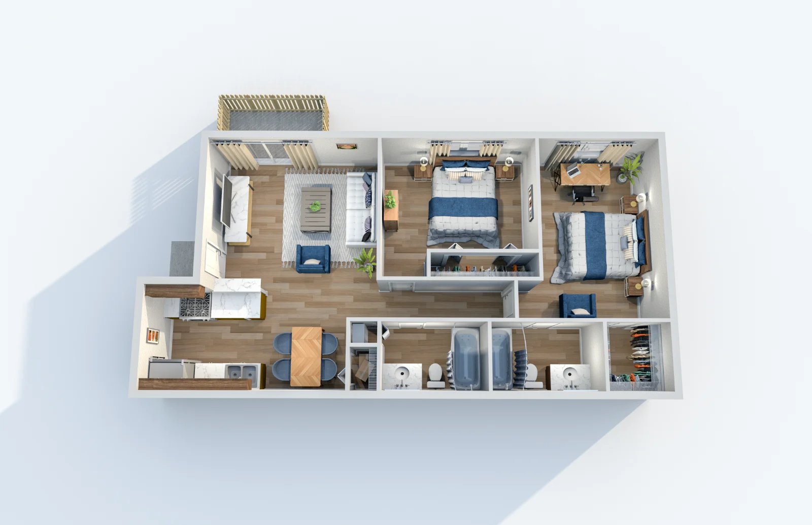 Caden at Lakeside — floor plan, Plan B2 · 2 bed · 2 baths · 830 sq ft