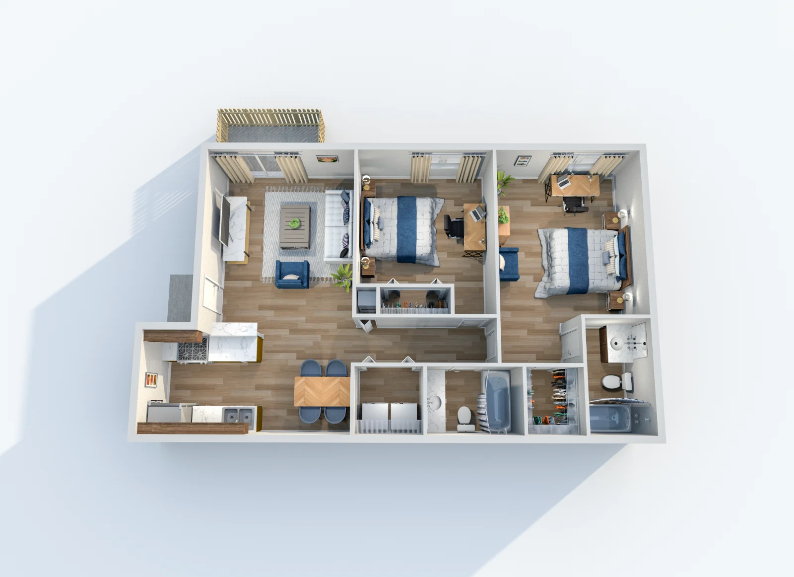 Caden at Lakeside — floor plan, Plan B3 · 2 bed · 2 baths · 954 sq ft